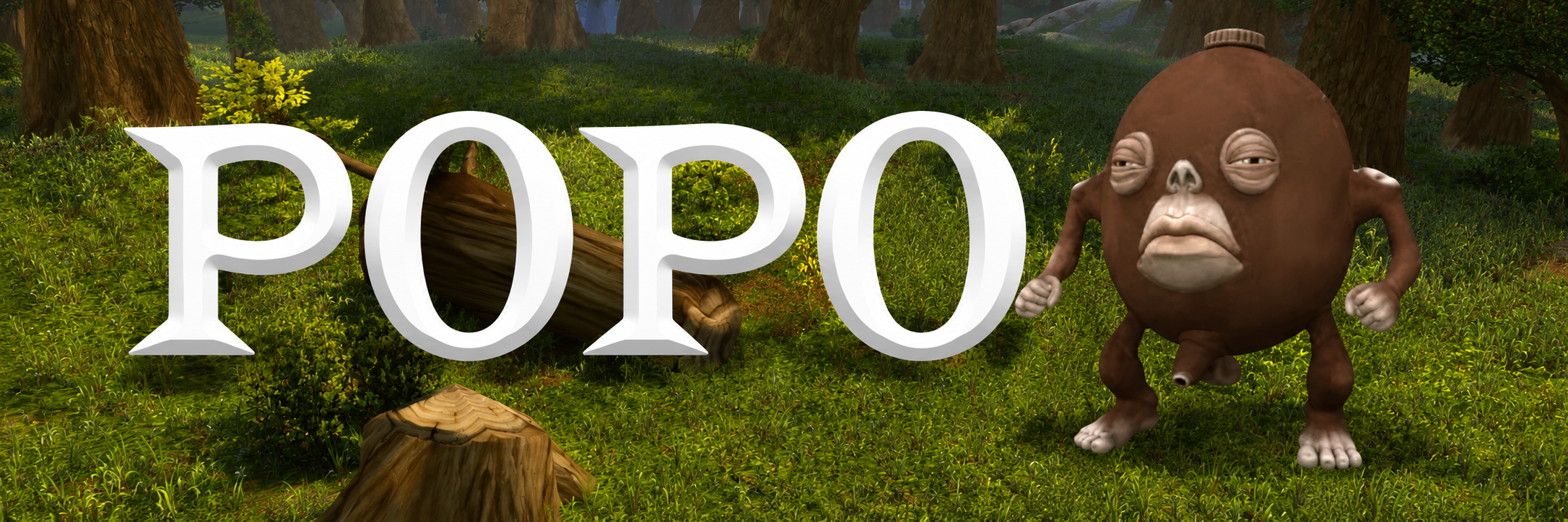 POPO, a brown egg-shaped forest creature with a droopy tired face, standing in a lush green forest beside a giant POPO wordmark